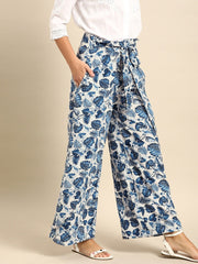 Nayo Women Off-White  Blue Printed Wide Leg Palazzos