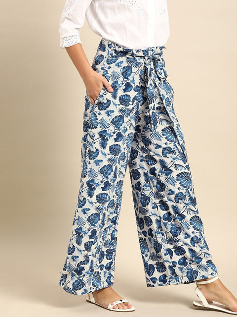 Nayo Women Off-White  Blue Printed Wide Leg Palazzos