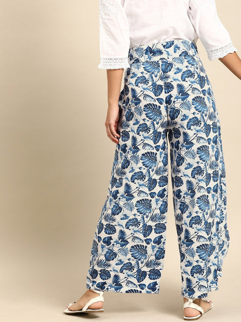 Nayo Women Off-White  Blue Printed Wide Leg Palazzos