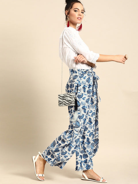 Nayo Women Off-White  Blue Printed Wide Leg Palazzos
