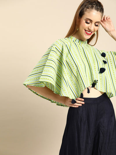 Women Printed Overlap Cape With Pom Pom Detail