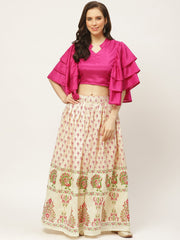 Women Burgundy Silk Blend Mandarin Collar Crop Top with Skirt
