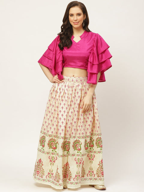 Women Burgundy Silk Blend Mandarin Collar Crop Top with Skirt