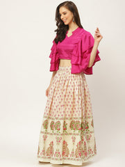 Women Burgundy Silk Blend Mandarin Collar Crop Top with Skirt