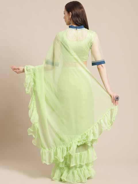 Women Mint Green Ruffled Saree with Ruffled Blouse