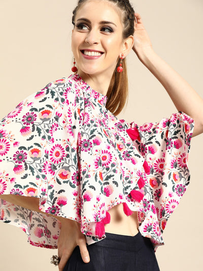 Nayo Women Printed Overlap Cape With Pom Pom Detail