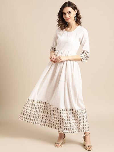 Nayo Women White Ethnic Motifs Printed Round Neck Cotton A-Line Dress