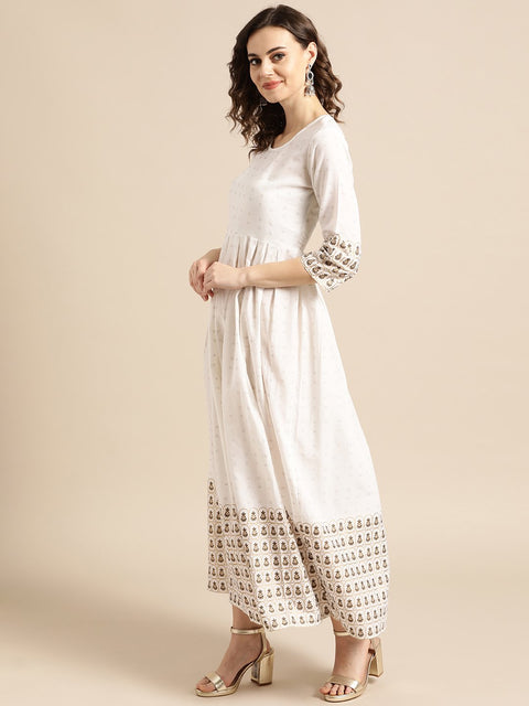 Nayo Women White Ethnic Motifs Printed Round Neck Cotton A-Line Dress