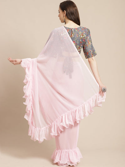 Women Pink Ruffle saree With Semi Stiched Blouse