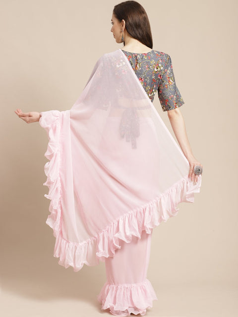 Women Pink Ruffle saree With Semi Stiched Blouse