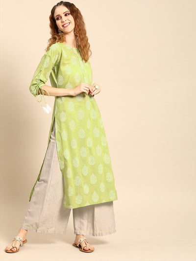 Women Pistachio Green Calf Length Three-Quarter Sleeves Straight Ethnic Motifs Printed Cotton Kurta