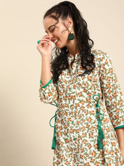 Nayo Women Off White Calf Length Three-Quarter Sleeves A-Line Floral Printed Cotton Kurta