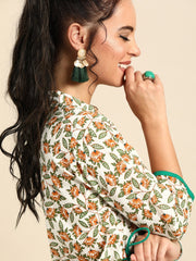 Nayo Women Off White Calf Length Three-Quarter Sleeves A-Line Floral Printed Cotton Kurta