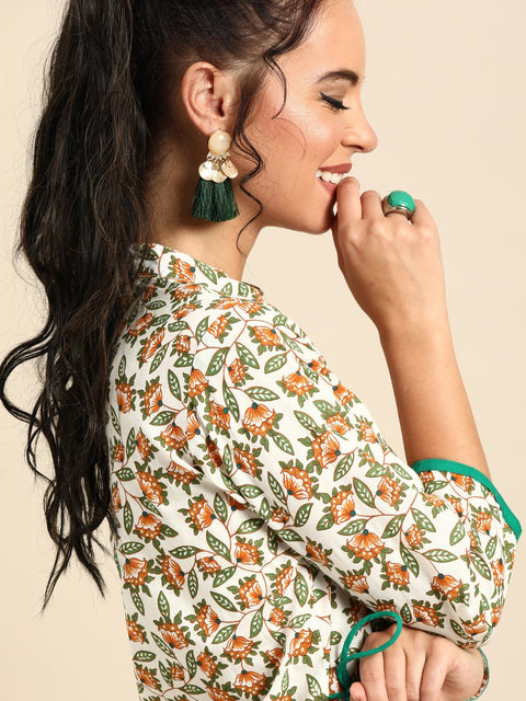 Nayo Women Off White Calf Length Three-Quarter Sleeves A-Line Floral Printed Cotton Kurta