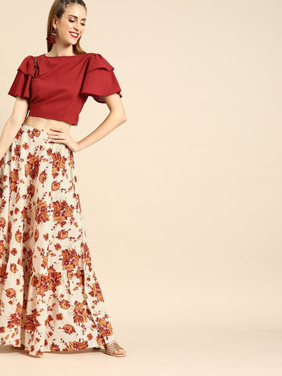 Nayo Women Off-White Pure Cotton Boat Neck Top with Skirt Clothing Set