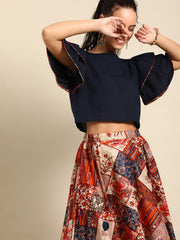 Nayo Women Navy Blue Pure Cotton Boat Neck Top with Skirt Clothing Set