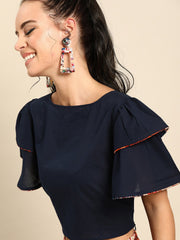 Nayo Women Navy Blue Pure Cotton Boat Neck Top with Skirt Clothing Set