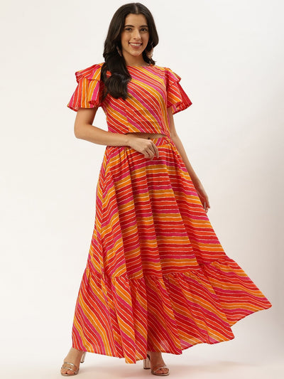 Women Multi Pure Cotton Boat Neck Top with Skirt Clothing Set