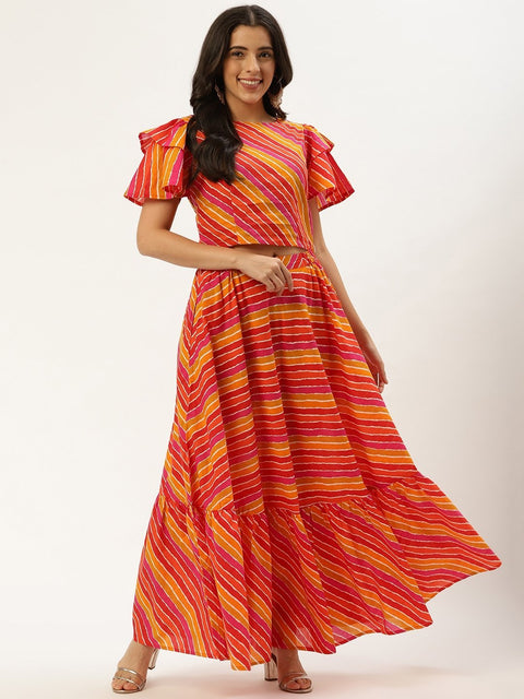 Women Multi Pure Cotton Boat Neck Top with Skirt Clothing Set