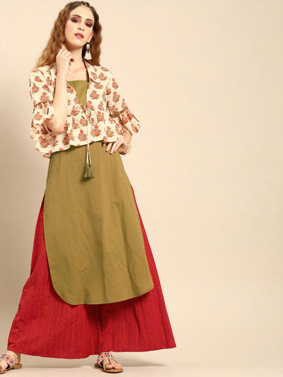 Women Olive Green  Calf Length Three-Quarter Sleeves Straight Floral Printed Cotton Kurta With Jacket
