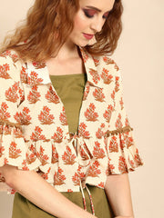 Women Olive Green  Calf Length Three-Quarter Sleeves Straight Floral Printed Cotton Kurta With Jacket