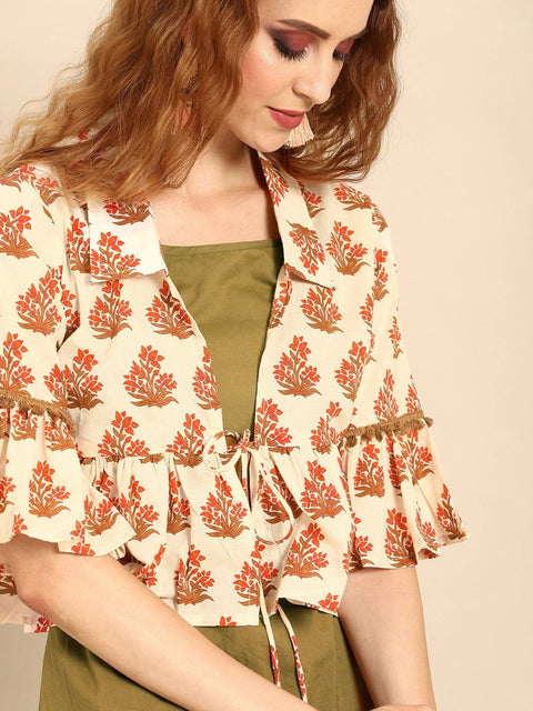 Women Olive Green  Calf Length Three-Quarter Sleeves Straight Floral Printed Cotton Kurta With Jacket