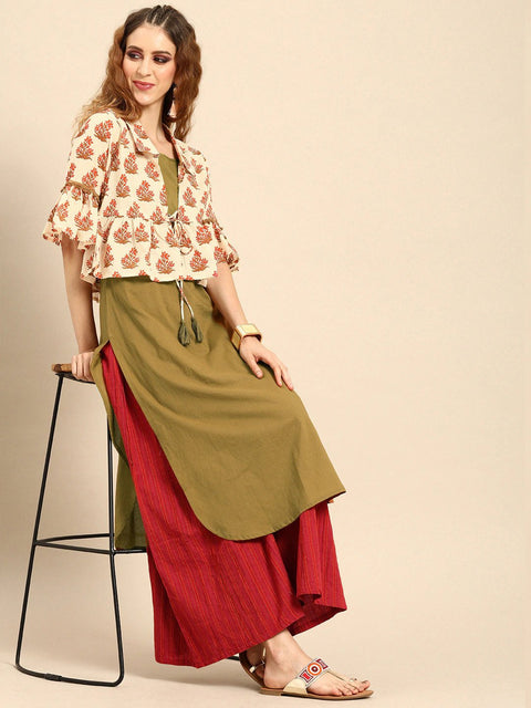 Women Olive Green  Calf Length Three-Quarter Sleeves Straight Floral Printed Cotton Kurta With Jacket