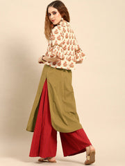 Women Olive Green  Calf Length Three-Quarter Sleeves Straight Floral Printed Cotton Kurta With Jacket