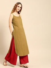 Women Olive Green  Calf Length Three-Quarter Sleeves Straight Floral Printed Cotton Kurta With Jacket