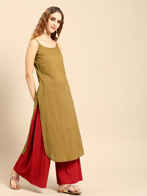 Women Olive Green  Calf Length Three-Quarter Sleeves Straight Floral Printed Cotton Kurta With Jacket