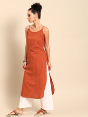 Women Rust Orange  Calf Length Three-Quarter Sleeves Straight Floral Printed Cotton Kurta With Jacket