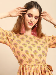 Nayo Women Peach-Coloured Printed Fit and Flare Dress