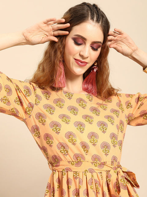 Nayo Women Peach-Coloured Printed Fit and Flare Dress