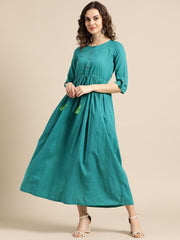 Nayo Women Green Polka Dots Self Design Round Neck Cotton Fit and Flare Dress