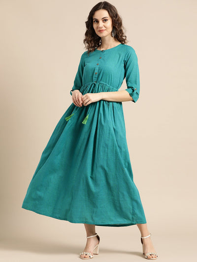 Nayo Women Green Polka Dots Self Design Round Neck Cotton Fit and Flare Dress