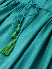 Nayo Women Green Polka Dots Self Design Round Neck Cotton Fit and Flare Dress