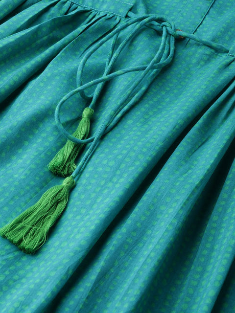 Nayo Women Green Polka Dots Self Design Round Neck Cotton Fit and Flare Dress