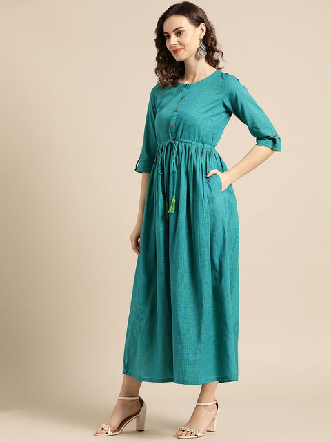 Nayo Women Green Polka Dots Self Design Round Neck Cotton Fit and Flare Dress