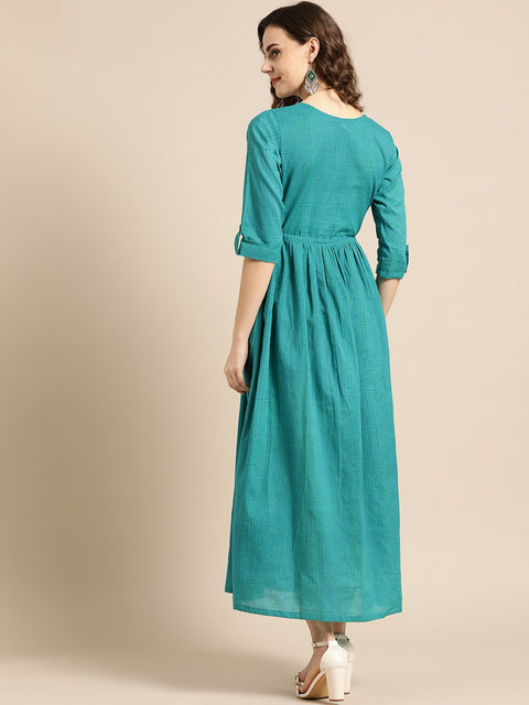 Nayo Women Green Polka Dots Self Design Round Neck Cotton Fit and Flare Dress