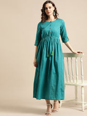 Nayo Women Green Polka Dots Self Design Round Neck Cotton Fit and Flare Dress