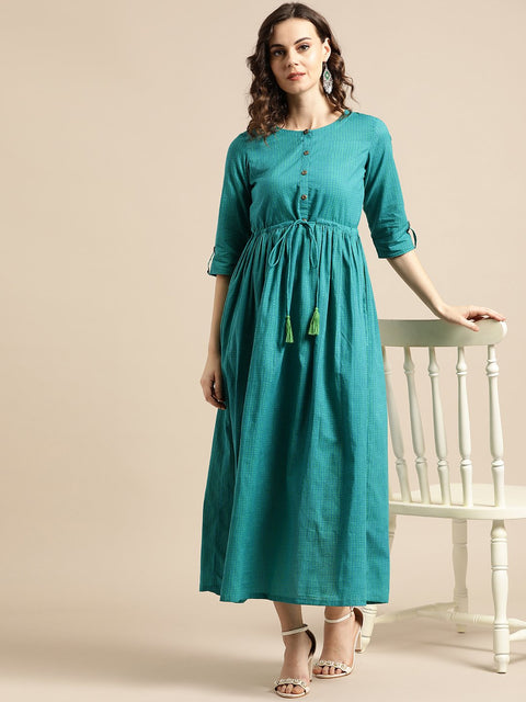 Nayo Women Green Polka Dots Self Design Round Neck Cotton Fit and Flare Dress