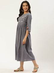 Women Grey Solid Solid Round Neck Cotton A-Line Dress