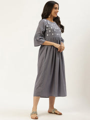 Women Grey Solid Solid Round Neck Cotton A-Line Dress