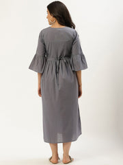 Women Grey Solid Solid Round Neck Cotton A-Line Dress