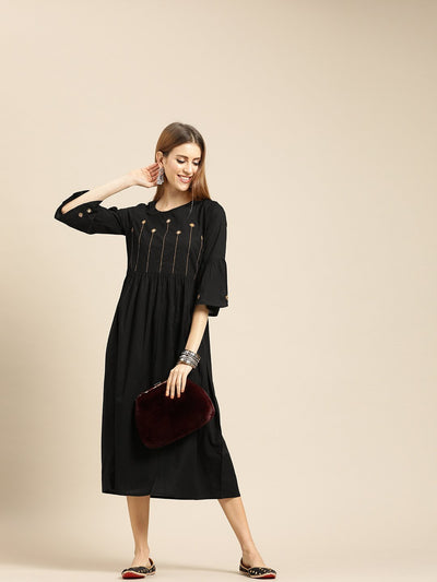 Women Black Solid Solid Round Neck Cotton A-Line Dress
