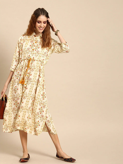 Nayo Women Cream-Coloured  Mustard Yellow Printed A-Line Dress With Gathers  Tie-Up