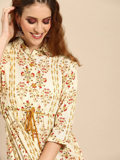 Nayo Women Cream-Coloured  Mustard Yellow Printed A-Line Dress With Gathers  Tie-Up