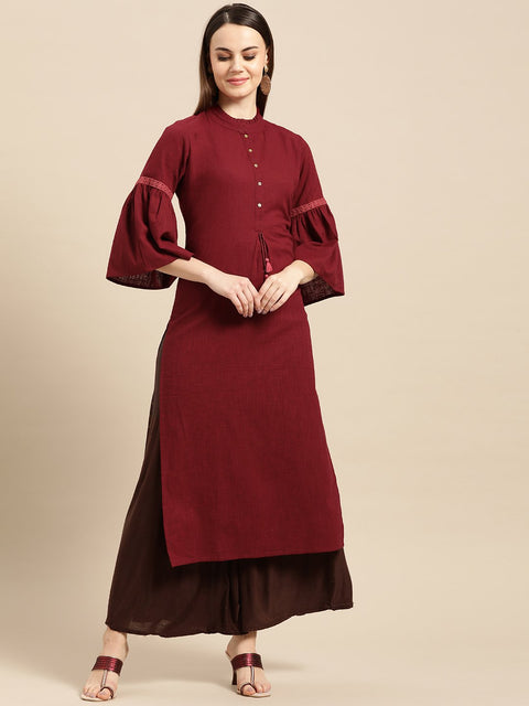 Nayo Women Maroon Calf Length Three-Quarter Sleeves Straight Solid Solid Cotton Kurta