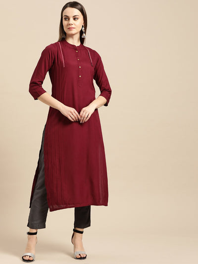Women Wine Calf Length Three-Quarter Sleeves Straight Solid Solid Viscose Rayon Kurta