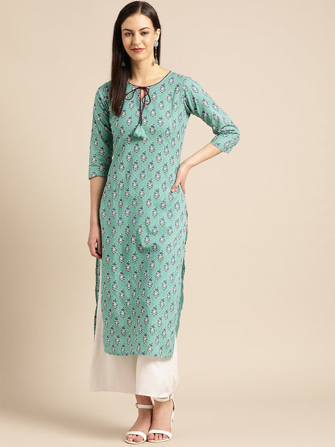 Nayo Women Sea Green Calf Length Three-Quarter Sleeves Straight Floral Printed Cotton Kurta